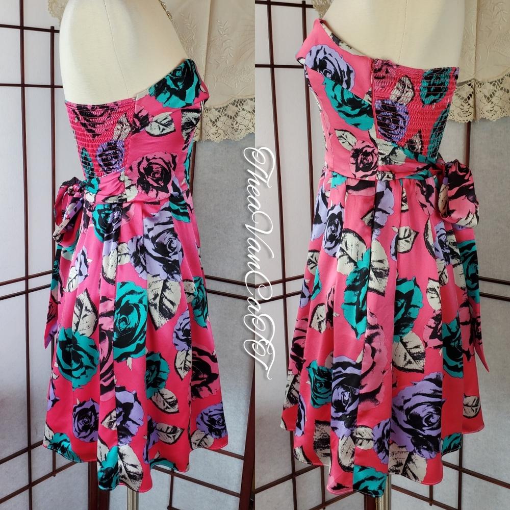 Vintage ♡BJ Strapless Rose Print 2 Pocket Sundress - Picture 2 of 6